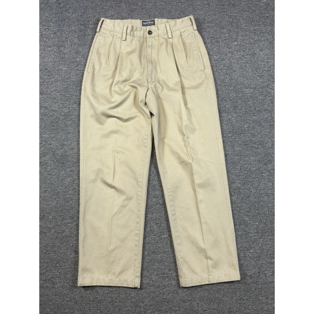 Woolrich Khaki Pleated Straight Leg Pants Men's Size Actual 30x29 100% Cotton